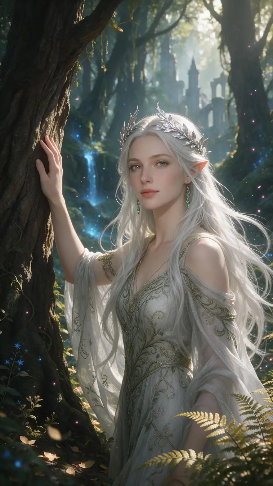 Antes: reina elfa en un bosque. Después: cuernos, ojos rojos y un paisaje infernal humeante — before