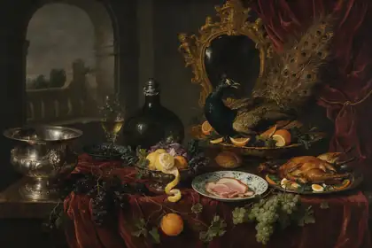Baroque still life with grapes, wine, a roasted pheasant and a peacock