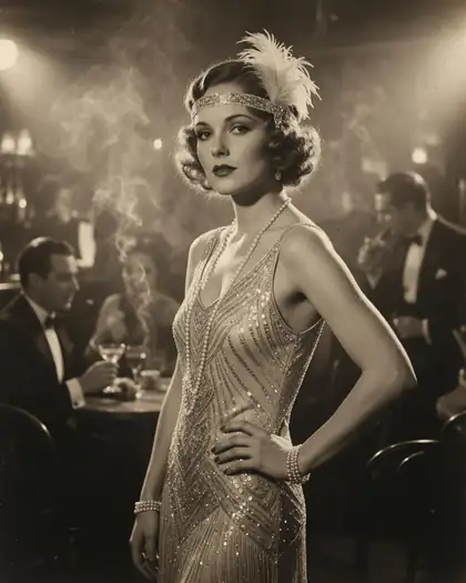 Sepia photo of a 1920s flapper in a sequined dress at a jazz club