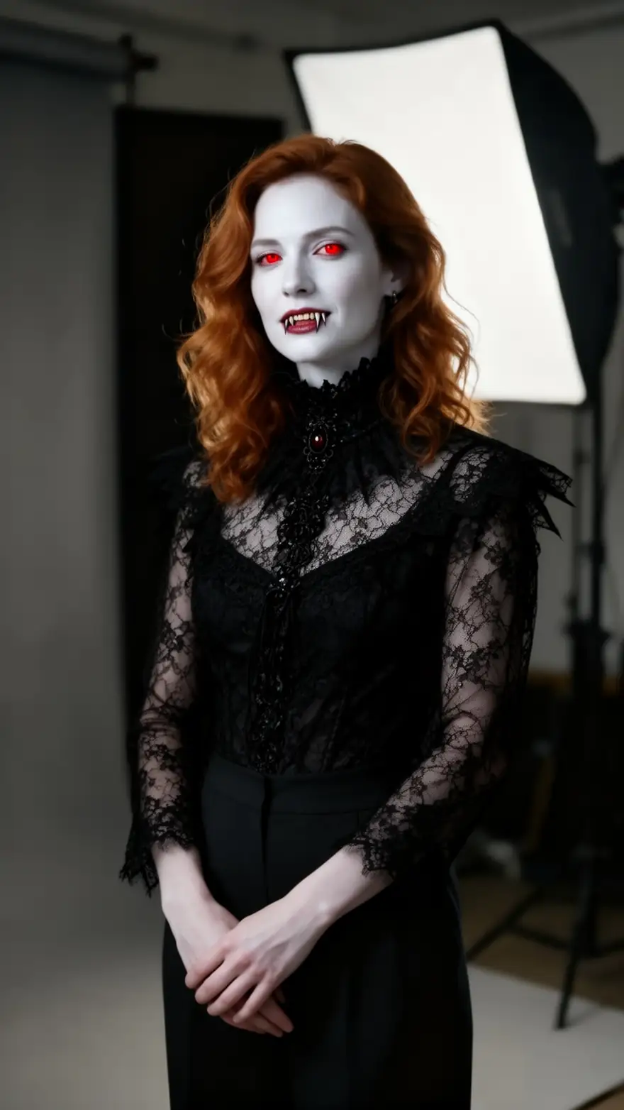 Antes: retrato de estudio de una mujer. Después: la misma mujer como vampira gótica — after