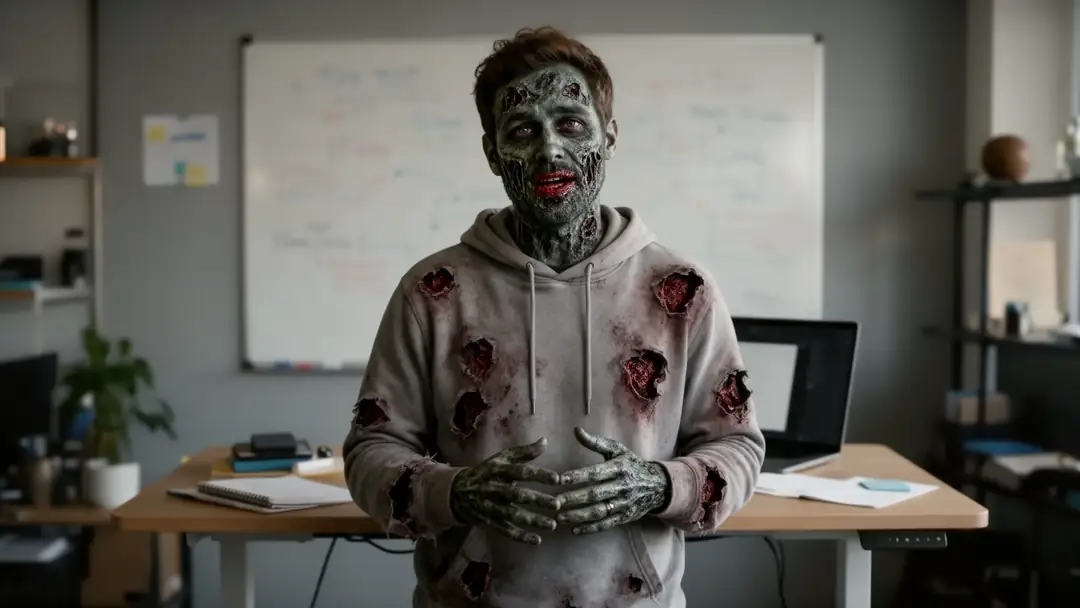 Antes: hombre con sudadera en una oficina. Después: el mismo hombre con maquillaje de zombi gris — after
