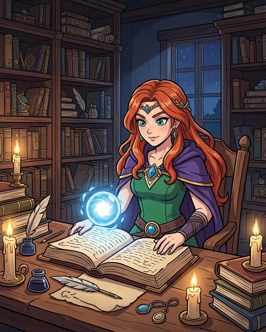 New scene: Put this same original character in a new scene … Keep her design identical — same long wavy red hair, green eyes, green dress, purple cloak, brown belt and bracers — and the same anime cel-shaded style.