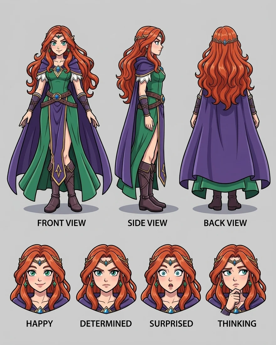 Character reference sheet of a red-haired anime sorceress: front, side and back views plus four expression close-ups