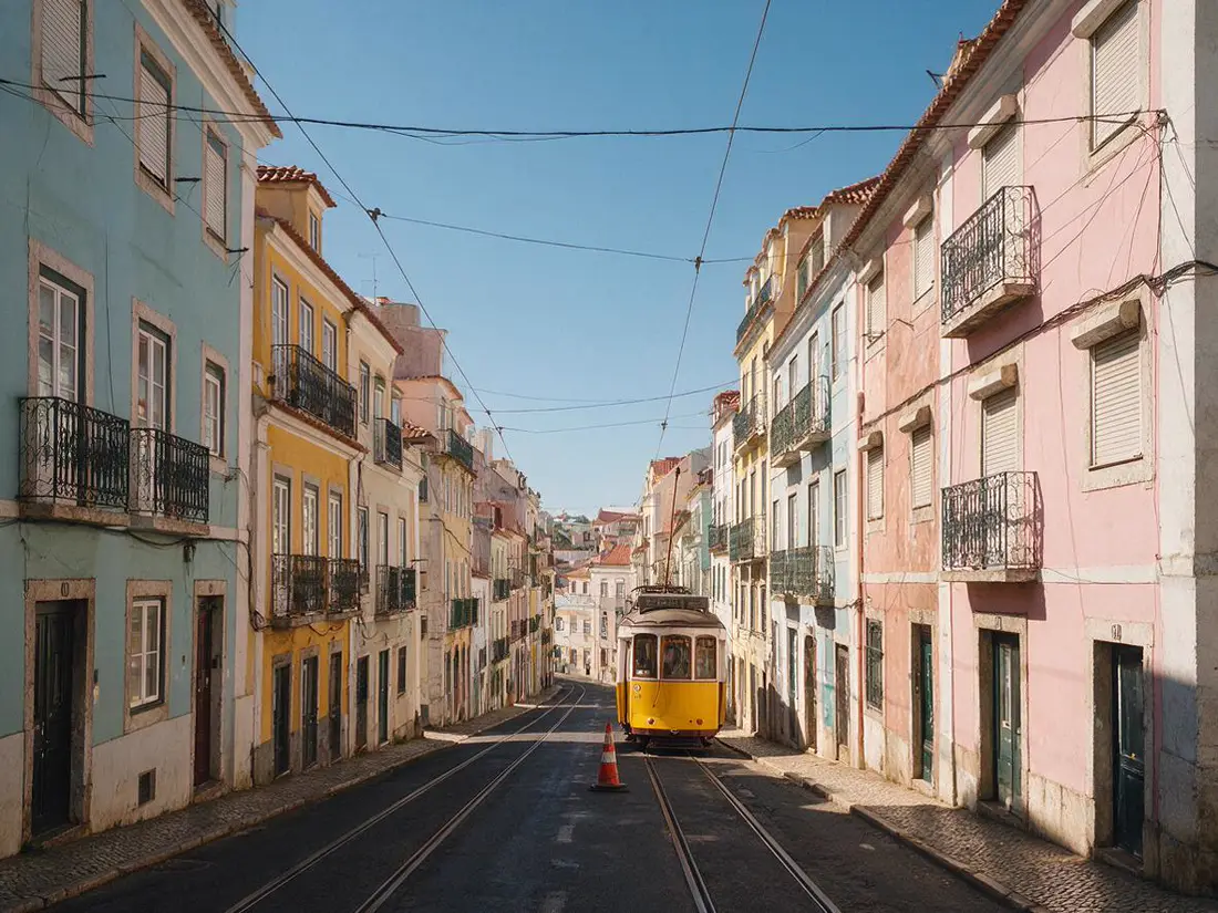 Original: Remove all the overhead power lines and cables crossing the sky, and the orange traffic cone on the road. Fill with clear blue sky and the same road surface. Keep the houses, balconies, the yellow tram, the light and the framing exactly the same.