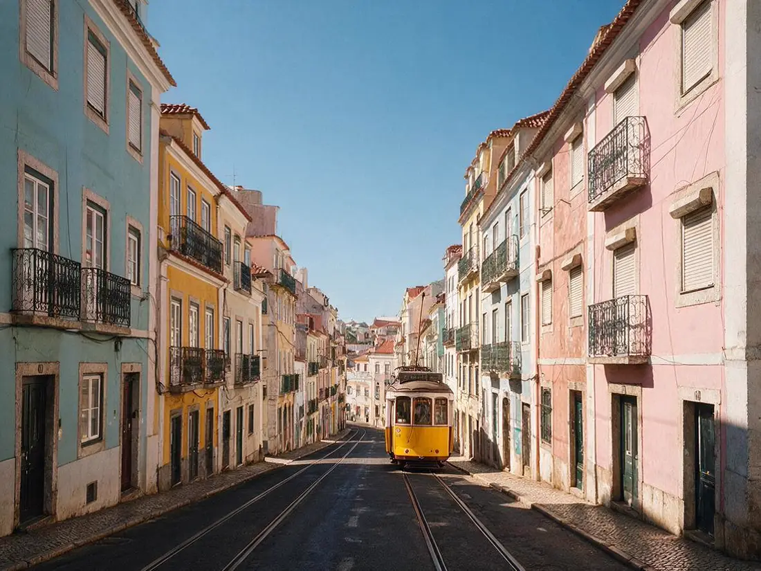 Cleaned: Remove all the overhead power lines and cables crossing the sky, and the orange traffic cone on the road. Fill with clear blue sky and the same road surface. Keep the houses, balconies, the yellow tram, the light and the framing exactly the same.
