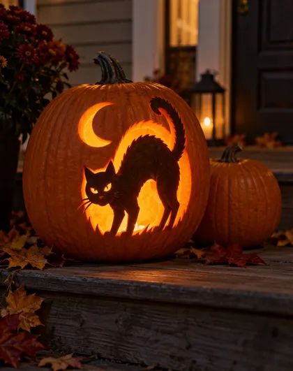 A glowing carved jack-o'-lantern with a black cat and crescent moon on a wooden porch step beside an uncarved pumpkin and autumn leaves