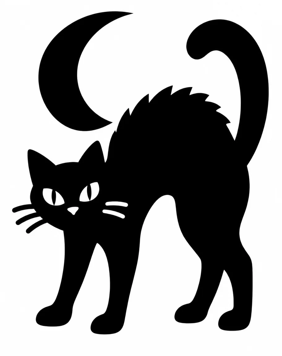 A printable black-and-white pumpkin carving stencil of a black cat arching its back under a crescent moon