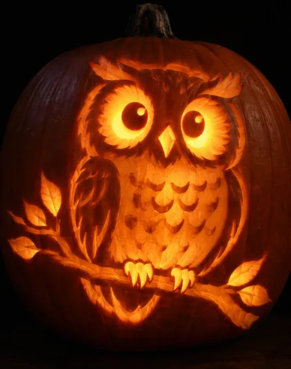 A pumpkin etched with a friendly owl on a branch, lit from inside so the shaved areas glow in different tones against a black background