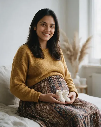 AI pregnancy announcement photo of a smiling woman in a mustard sweater and paisley skirt holding small white knitted booties in front of her bump