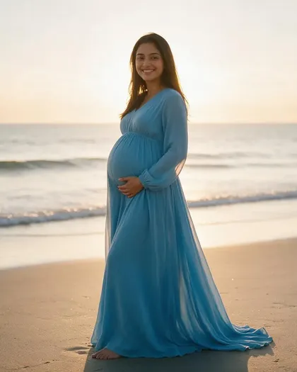 AI maternity photo of a pregnant woman in a flowing sky-blue maxi dress on a beach at sunset, one hand under her bump