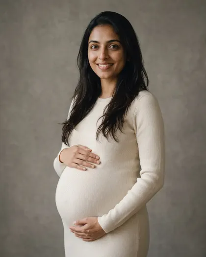 AI pregnant filter result: a smiling woman with long dark hair in a fitted cream knit maternity dress, hands on her bump, grey studio backdrop