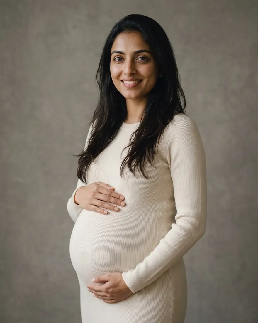 AI pregnant filter result: a smiling woman with long dark hair in a fitted cream knit maternity dress, hands on her bump, grey studio backdrop