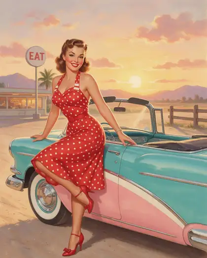 Retro pin-up illustration of a woman in a polka-dot dress leaning on a vintage car