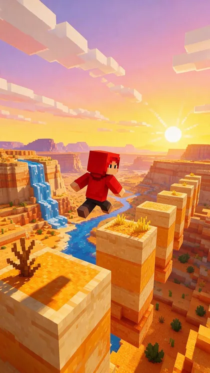 A small blocky character in a red hoodie jumping between sandstone cube pillars over a desert canyon at sunset