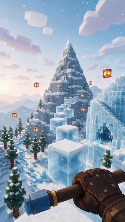 First-person view of ice cube stepping stones climbing a snowy blocky mountain with floating lanterns and cube pine trees