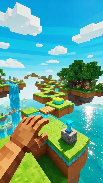 First-person view of a blocky hand reaching toward floating grass cube platforms above a sparkling lake, waterfalls and cube trees around