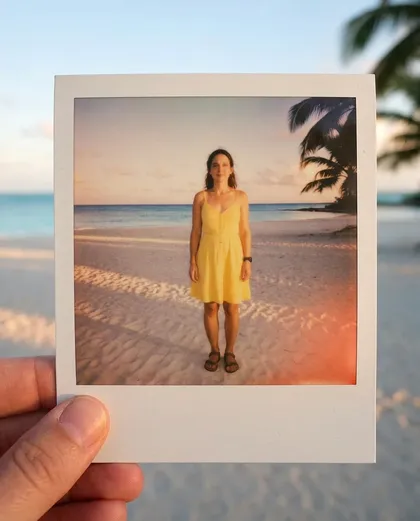 A hand holding a Polaroid print of a woman in a yellow sundress on a beach at sunset, with a warm light leak in the corner