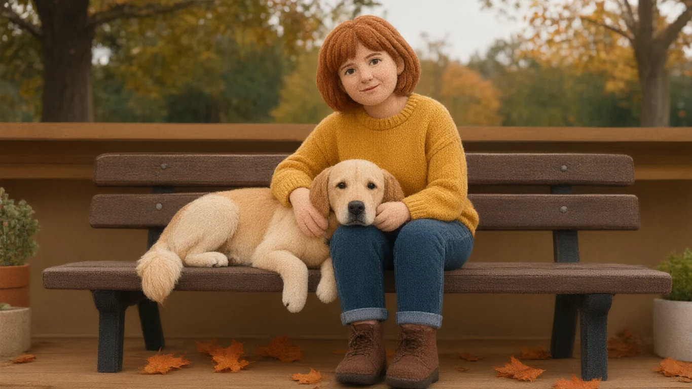 Photo of a woman on a park bench in autumn with her golden retriever (after)