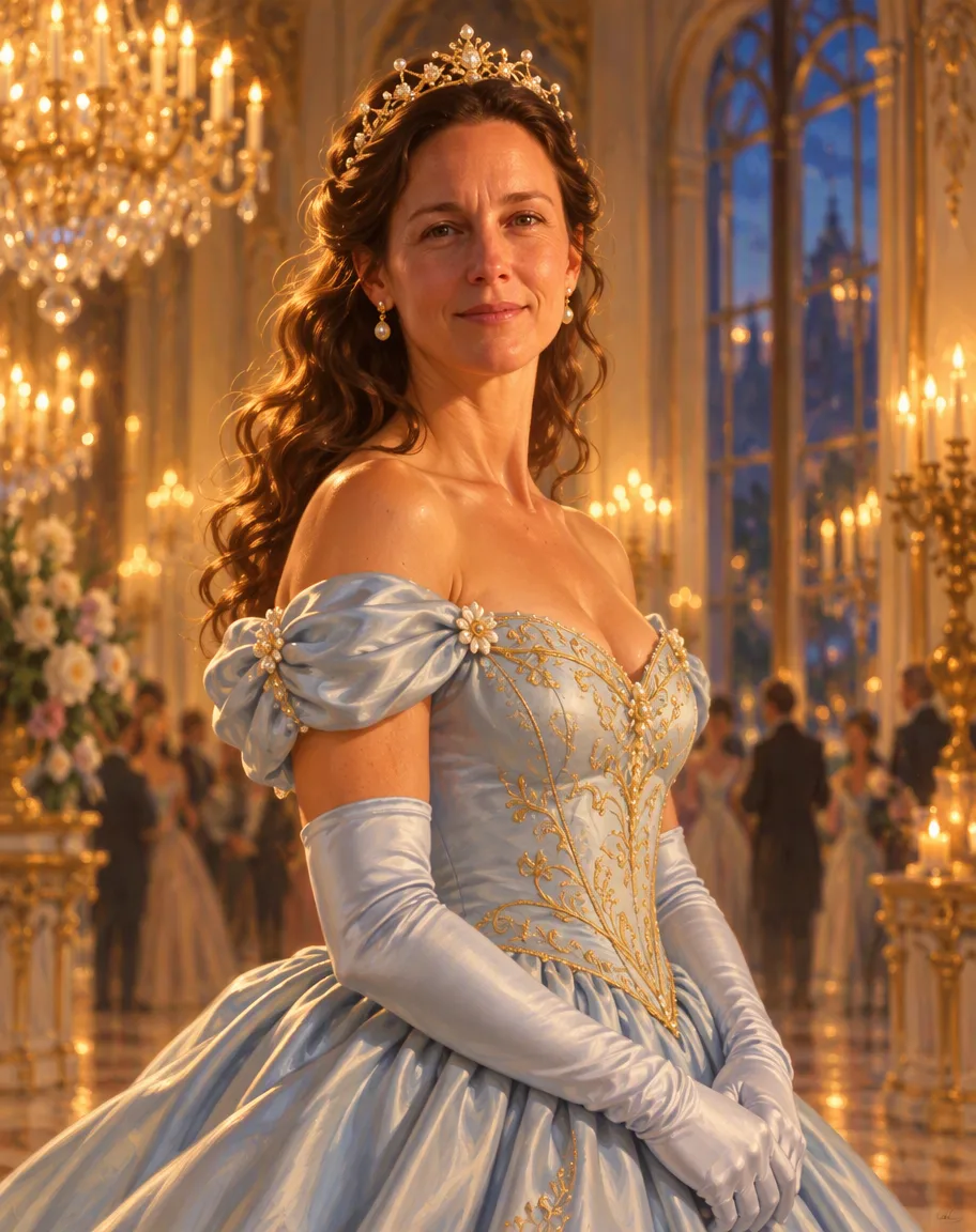 A woman with long curly brown hair as a fairytale princess in a pale blue silk ball gown with gold embroidery, a pearl tiara and long satin gloves in a candlelit palace ballroom