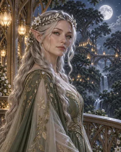 A painted portrait of a silver-haired elven princess with pointed ears and a circlet of silver leaves and white flowers, in a sage-green and gold gown on a moonlit tree-palace balcony