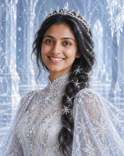 A smiling dark-haired woman as an ice princess with a crown of clear ice crystals, a frosted side braid and a beaded silver-white gown with a snowflake cape in a frozen palace hall
