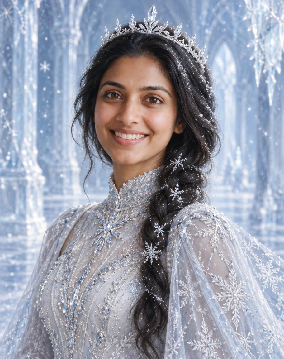 Ice princess: Turn this woman into a winter ice princess portrait. Keep her face recognisable — same face shape, eyes, nose, smile and hair colour — with her hair in a long side braid dusted with frost. She wears a high-necked long-sleeved icy silver-white gown with crystal beading and a sheer snowflake-patterned cape, and a slim crown of clear ice crystals. Chest-up portrait, front three-quarter view, a frozen palace hall of pale blue ice pillars behind her with drifting snowflakes. Painterly fantasy illustration, cool soft light. No text.