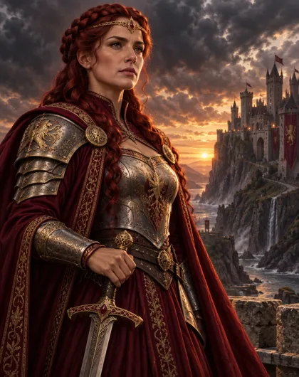 A painted portrait of a red-haired warrior princess with a gold circlet, ornate silver and gold armour over a crimson gown, hand on a sword, a cliffside castle at sunset behind her