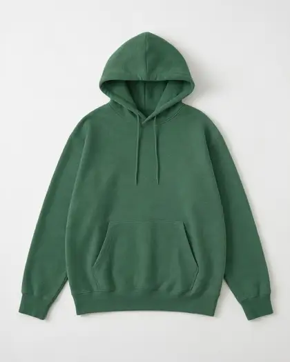 A grey hoodie product photo recoloured forest green, same folds and background