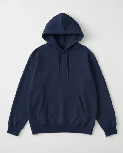 A grey hoodie product photo recoloured navy blue, same folds and background