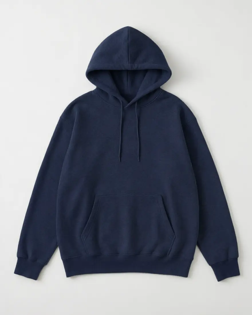Navy blue: Recolor the hoodie to navy blue. Keep the fabric texture, folds, drawstrings, shape, white background and lighting exactly the same.