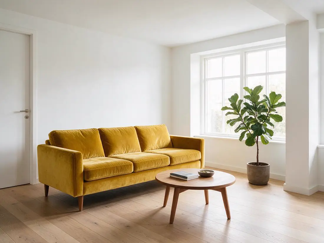 Original: Recolor only the sofa to dusty blush pink velvet and the walls to a soft sage green. Keep the furniture, floor, plant, lighting and camera angle exactly the same.