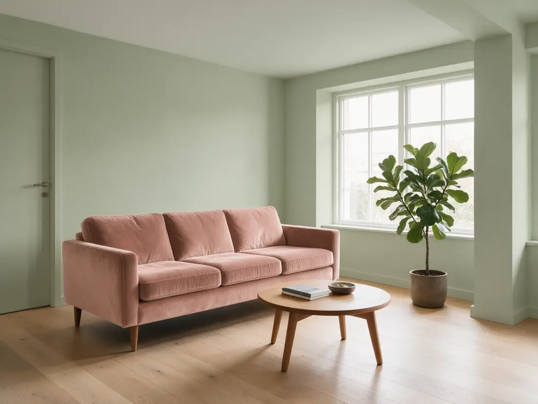 The same living room with the white walls repainted soft sage green and the sofa recoloured blush pink; window frames, floor and plant unchanged
