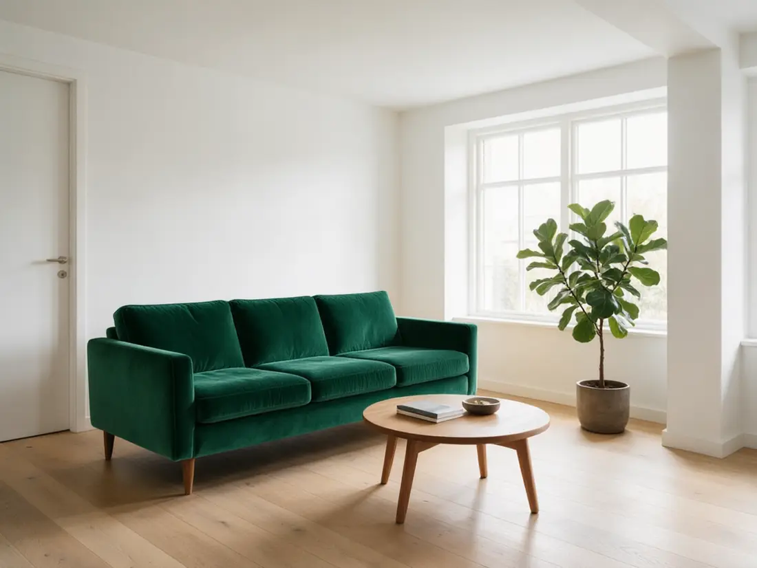 The same living room with the mustard velvet sofa recoloured emerald green