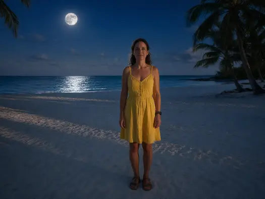 A sunny beach photo turned into a moonlit night with a full moon and its reflection on the sea, the woman in yellow unchanged