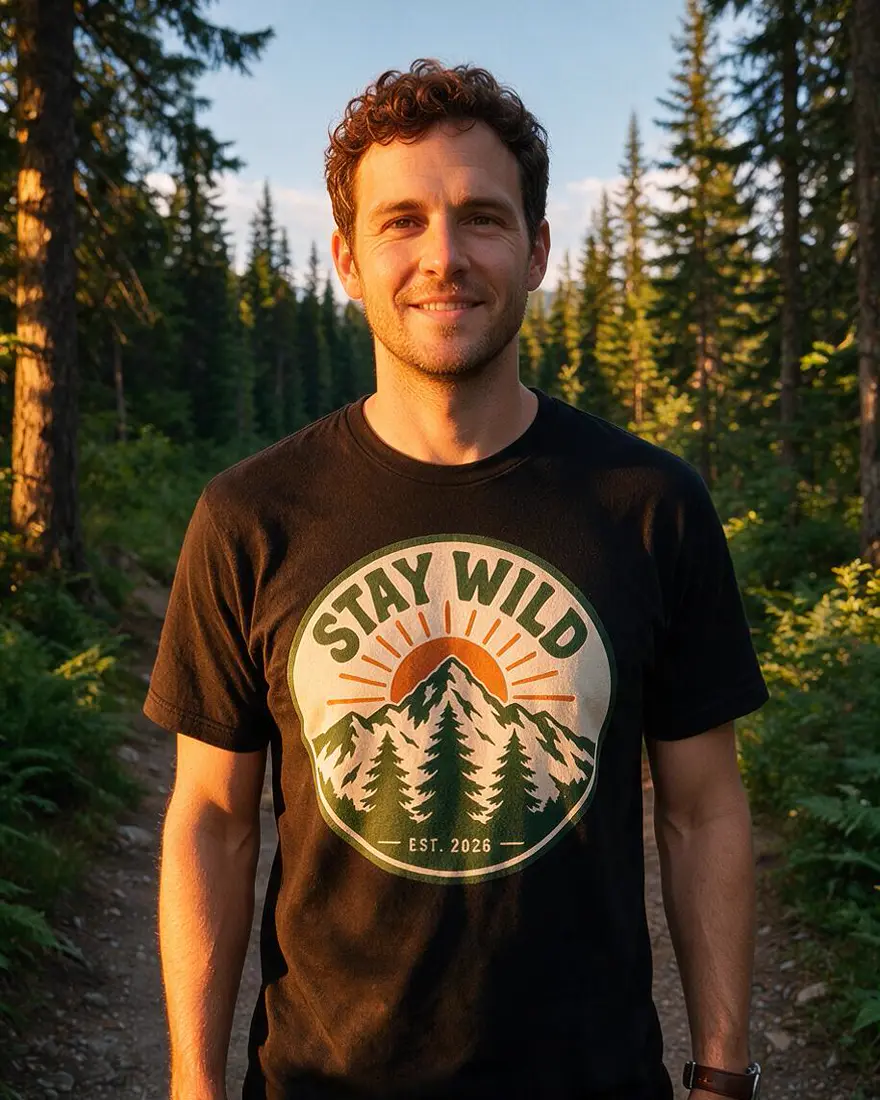 The trail photo relit with warm golden-hour sun coming from the left, the face lit on one side