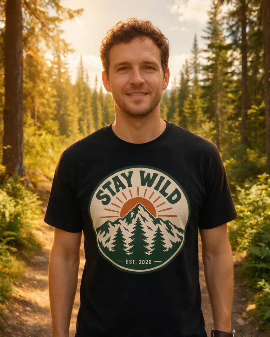 Qwen Image 3.0: Relight this photo: warm golden hour sunlight from the left, soft orange and yellow tones, long soft shadows, warm glow on his face and t-shirt. Keep the man, his face, pose, clothes, the t-shirt print and the forest exactly the same — only the lighting changes.