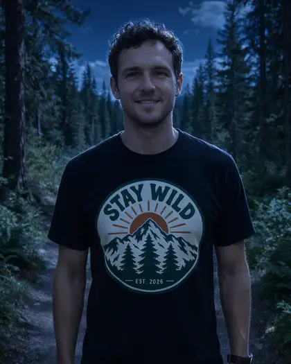 The trail photo relit as a moonlit night with a dark blue sky and silvery light on his face
