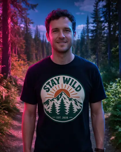 The trail photo relit with pink and blue neon light, pink on the left side of his face and the trees