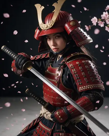 Female samurai in red lacquered armor with a katana under falling cherry blossoms