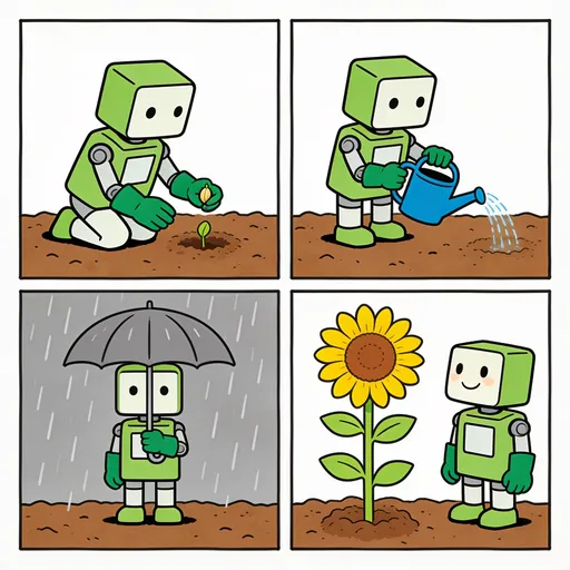 Robot gardener comic strip — Seedream 4.5 output