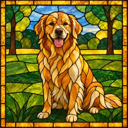 A golden retriever from a photo redrawn as a stained glass panel: the dog in amber and cream glass pieces, a park of green and blue glass behind it, an amber border