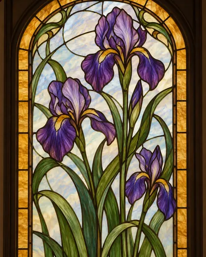 An Art Nouveau stained glass panel with an arched top: purple irises with curving green leaves against an opalescent sky, framed by amber border panes