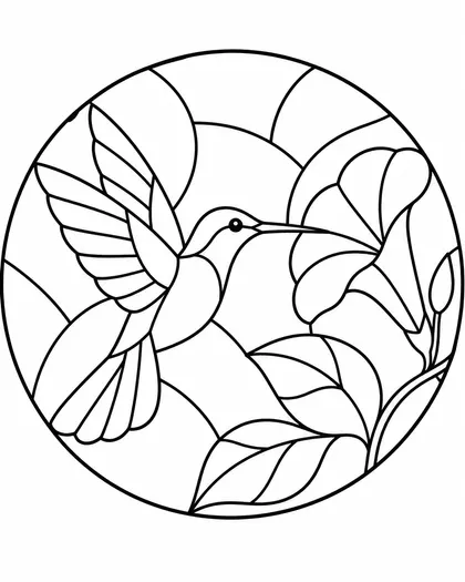 A printable stained glass pattern in black line art: a hummingbird beside a trumpet flower inside a circle, every shape closed, drawn for glass cutting or coloring