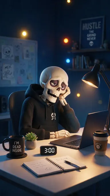 A cartoon skeleton in a black hoodie slumped at a desk with a laptop, a desk lamp, a coffee cup and a clock reading 3:00 in a dark blue room