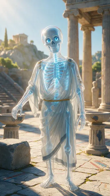 A translucent glass-like skeleton character with glowing blue bones and eyes, wearing a sheer toga, standing in a sunlit ancient Greek marketplace with marble columns