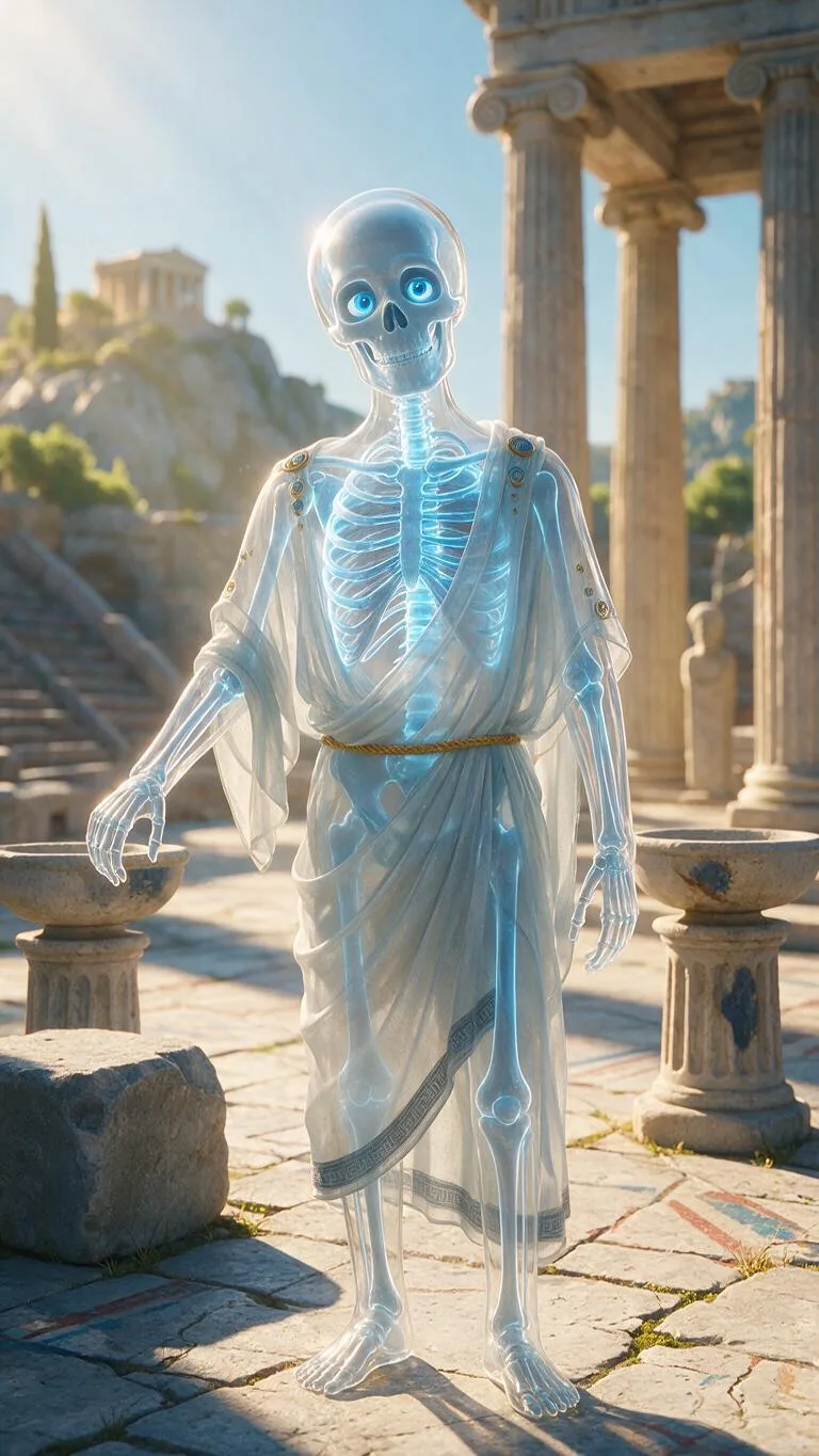 A translucent glass-like skeleton character with glowing blue bones and eyes, wearing a sheer toga, standing in a sunlit ancient Greek marketplace with marble columns