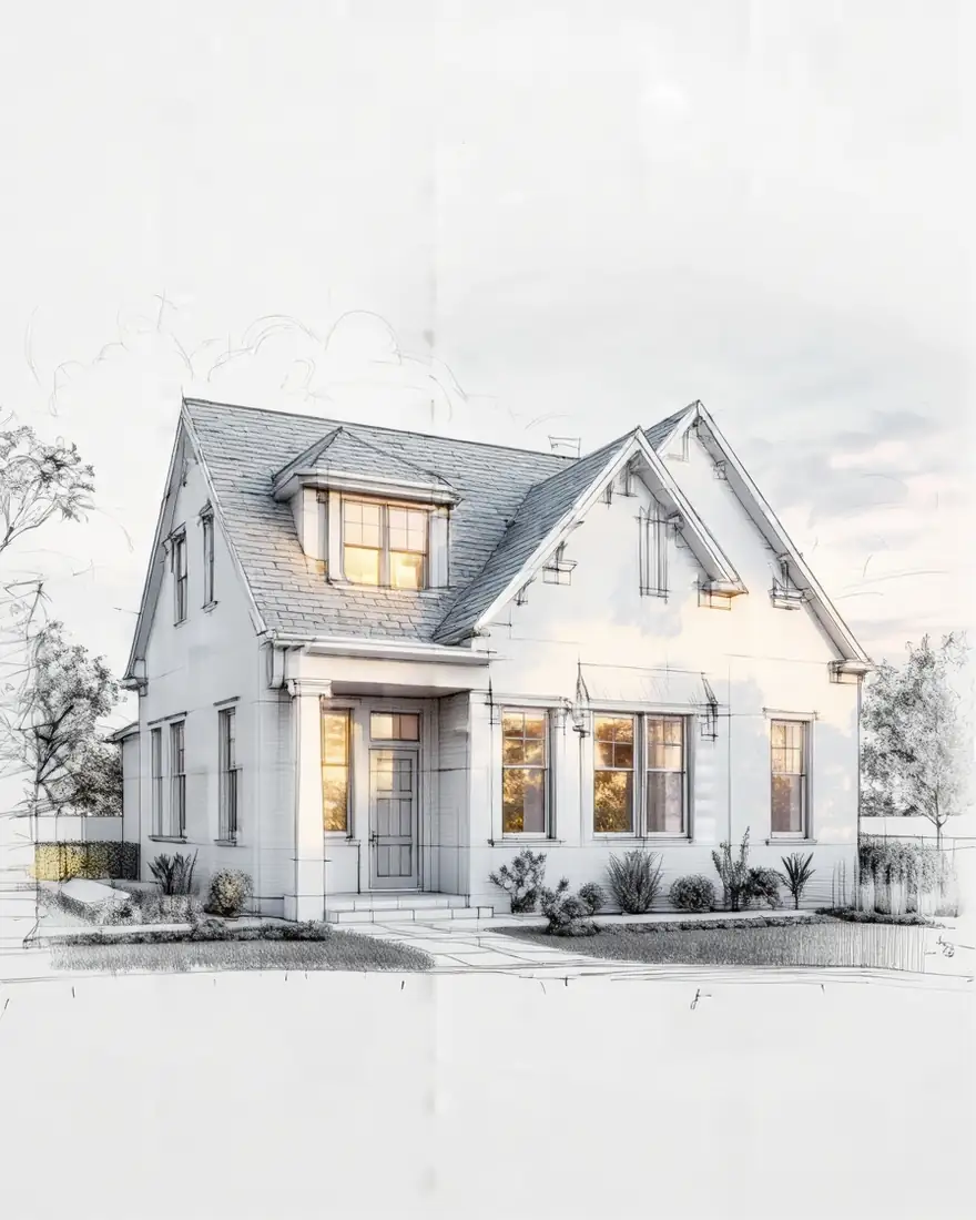 Z Image Base (80 %): Turn this sketch into a photorealistic architectural render of the same house at golden hour, same shape and windows, landscaped garden