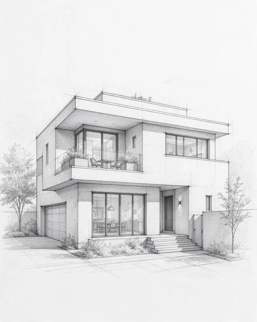 Sketch: Turn this sketch into a photorealistic architectural render of the same house at golden hour, same shape and windows, landscaped garden