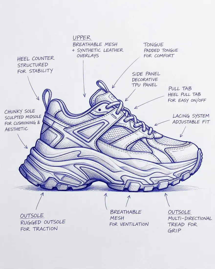 Your sketch: Turn this sketch into a studio product photo of the same sneaker design in white leather with orange accents, same shape, seamless grey background