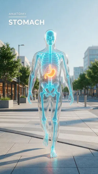 A transparent human figure with a glowing cyan skeleton and an orange glowing stomach walking toward the camera on a sunny city sidewalk